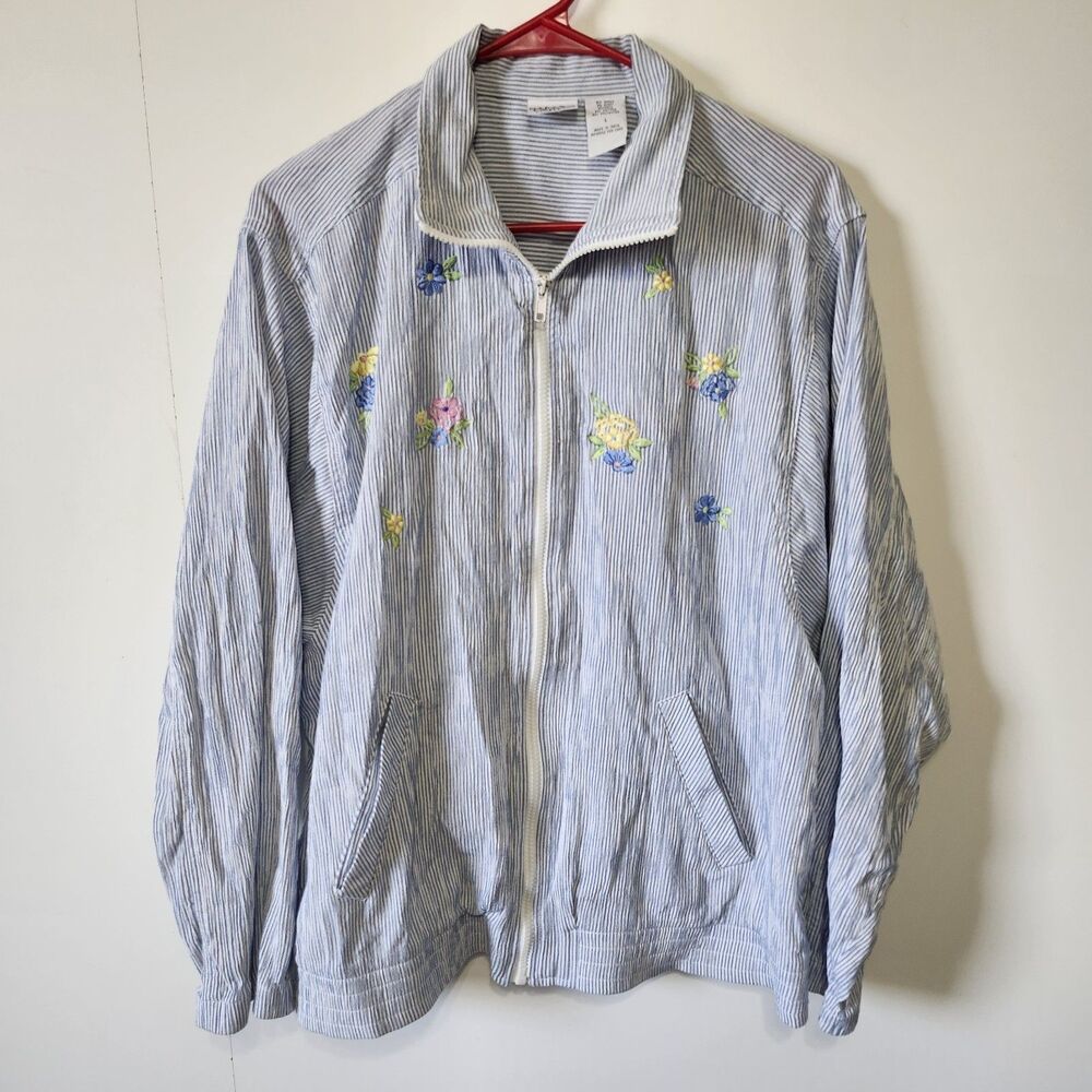 Vtg Napa Valley Seersucker Jacket L Blue Stripe Floral Embroidery Zip Grannycore
